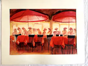 Jurjen Fontein - Mensen op terras - Aquarel kopen? Bied vanaf 120!