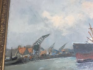 Henriette Hubregtse-Lanzing - Haven van Rotterdam, groot olieverfschilderij kopen? Bied vanaf 150!