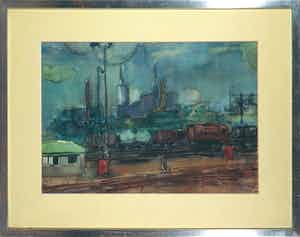 J.H. Prinsen - Aquarel, Industriegezicht - Ingelijst verkocht voor € 100!