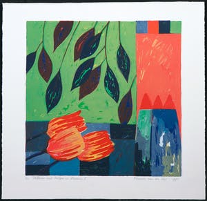 Fenneke van der Elst - Lot van twee litho's, Stillevens met bladeren en fruit en tulpen en bladeren kopen? Bied vanaf 20!
