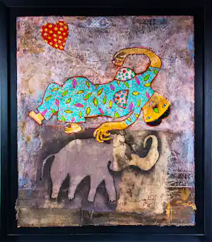 Shahid Parvez - Gemengde techniek op karton, The Elephant - Ingelijst verkauft für € 350!