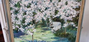 Ann Nosworthy - Tuin/park met bloesem en stenen bank kopen? Bied vanaf 750!