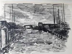 Hugo Liebe - Krijttekening, Haventje te Rijpwetering bij avond. kopen? Bied vanaf 20!