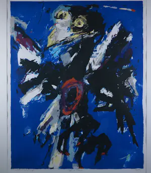 Charlotte Molenkamp - Zeefdruk, Vogel in blauw - Ingelijst kopen? Bied vanaf 60!