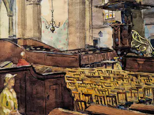 Ko Cossaar - Jaren 30 aquarel op papier "Interieur kerk met personen' - losbladig kopen? Bied vanaf 67!