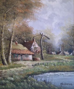 Niet of onleesbaar gesigneerd - Landschap: Dorpje aan het water - Handgesigneerd - 20e eeuw kopen? Bied vanaf 1!