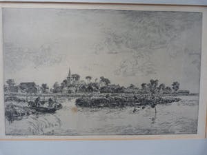 Johannes Elsinga - Fraai meertje met vissers in een boot bij een dorp, waarschijnlijk Friesland. kopen? Bied vanaf 45!