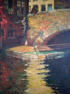 Niet of onleesbaar gesigneerd - 'bridge over calm water', olieverf op houten paneel kopen? Bied vanaf 1!