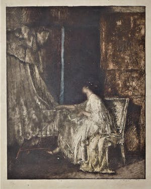 Albert Roelofs - Vrouw in interieur bij een wieg - Kleurets kopen? Bied vanaf 135!