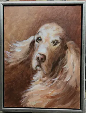 AcheterNiet of onleesbaar gesigneerd - Schilderij van hondje op board, in baklijst? Enchérissez de 10!