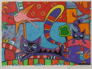 Michiel Molenaar - Zeefdruk, Z.T. Katten en vogels - Ingelijst kopen? Bied vanaf 40!