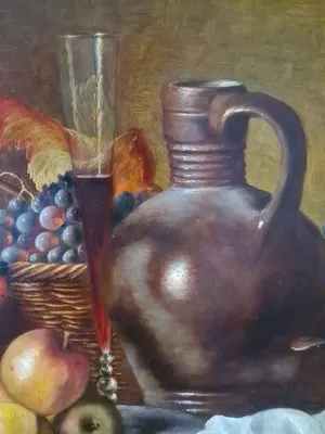 Hans Habraken - Stilleven met aardewerken kruik, druiven en appels kopen? Bied vanaf 450!