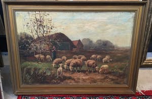 Piet Bouter - C3065-3, herderin met schaapskudde in landschap kopen? Bied vanaf 75!