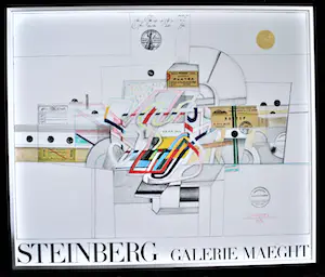 AcheterSaul Steinberg - 2x: boek & lithografische expo-affiche voor Galerie Maeght 1970 (ingelijst)? Enchérissez de 75!