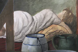 A. Brouwer - Olieverf op doek, Stilleven met schilderij en aardewerk - Ingelijst kopen? Bied vanaf 1!