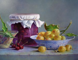 Hans Habraken - Stilleven met kersen en pruimen kopen? Bied vanaf 750!