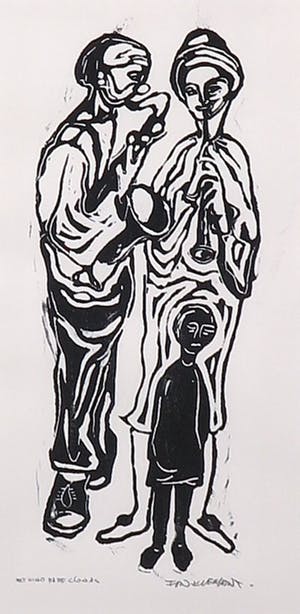 Fon Klement - Houtsnede, Het Kind en de Clowns - Ingelijst kopen? Bied vanaf 50!