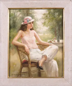 Annemarie van Wolde-Mulder - Olieverf op doek, Jongevrouw zittend in een tuin kopen? Bied vanaf 20!