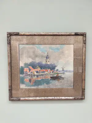 Henri Janlet - Hollands rivierlandschap met dorp, kerktoren en molen kopen? Bied vanaf 40!