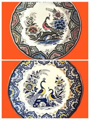 Villeroy en Boch - 2erSet Wandteller Keramik Serie Paon Pfauenmotiv Mettlacher Kupferstich 70er J. kaufen? Bieten Sie von 20!