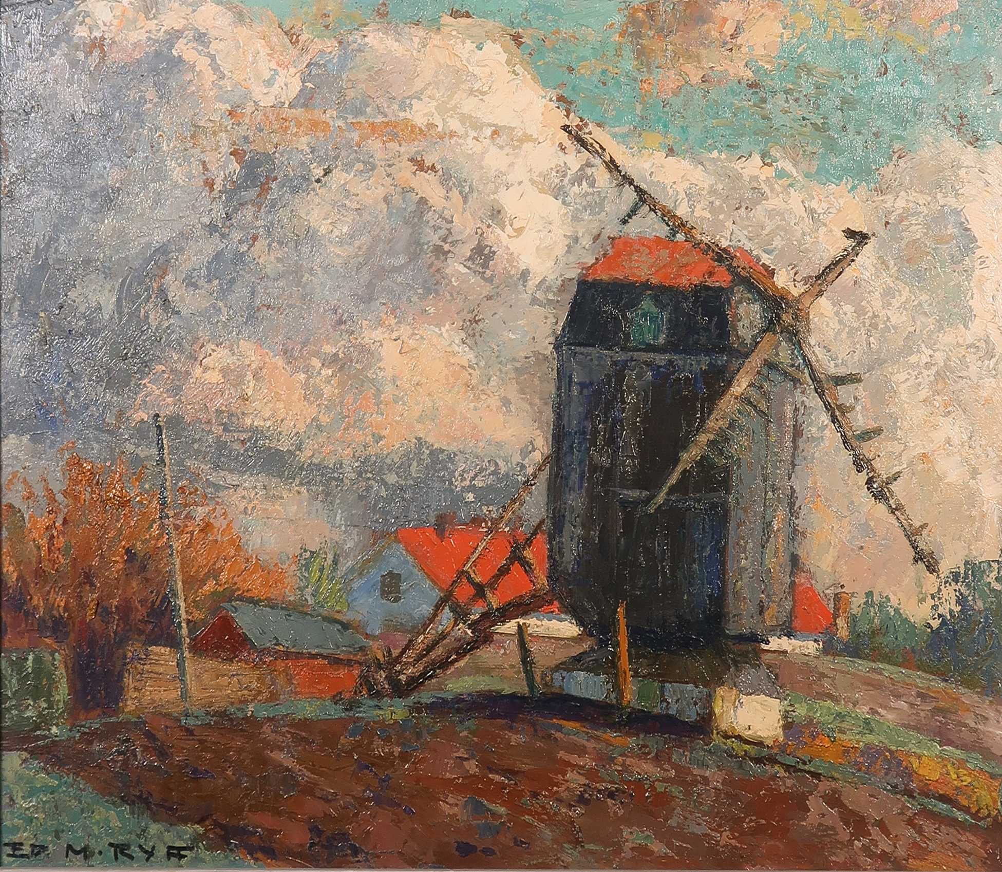 Eduard Rijff - Olieverf op board, Landschap met molen - Ingelijst kopen? Bied vanaf 100!