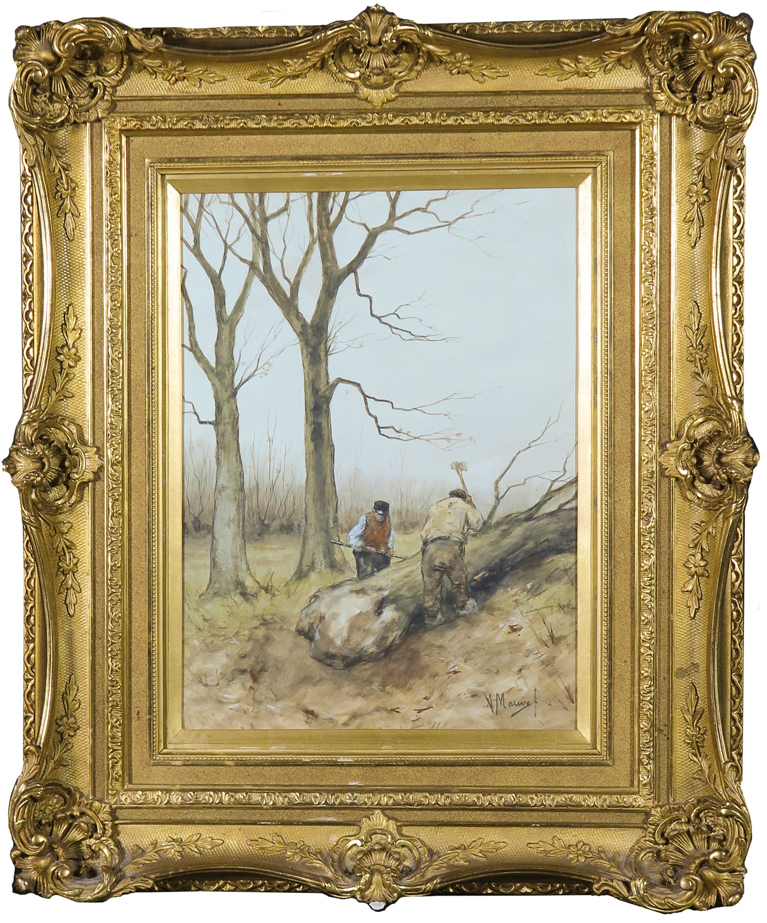 Anton Mauve (sr.) - Aquarel en gouache, Twee houthakkers - Ingelijst verkocht voor € 2660!