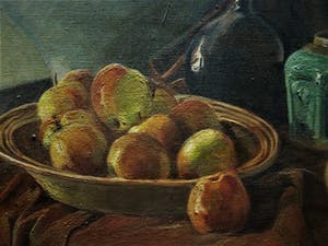 Jan van Deursen - Indrukwekkend (groot) en gevarieerd Stilleven "Appels Flessen op kleed" gesig kopen? Bied vanaf 10!