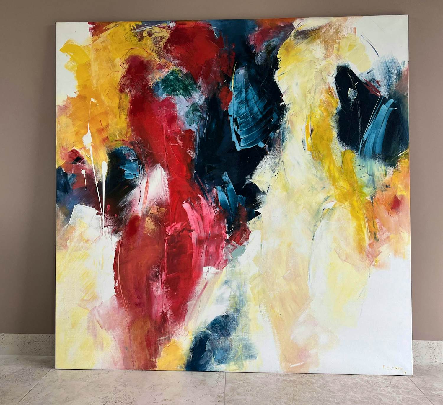 Ria Erckens - Kleurrijke abstracte compositie, acrylverf op doek (zeer groot) verkocht voor € 160!
