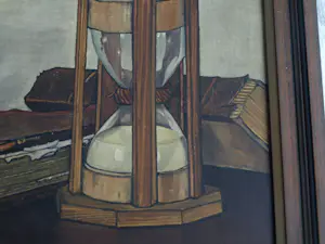 Jo Lodeizen - Olieverf op paneel, Stilleven met boeken en zandloper – 1931 kopen? Bied vanaf 1!