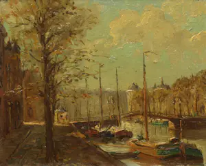 Niet of onleesbaar gesigneerd - Ingelijst, olieverf op doek op karton (marouflé), Stadsgezicht - 38 x 44 cm kopen? Bied vanaf 1!