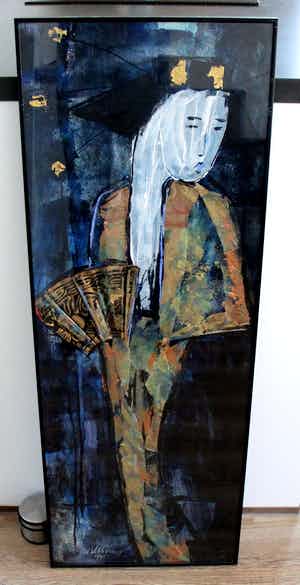 Maya Wildevuur - gemengde techniek op papier: Geisha met waaier - 1991 verkocht voor € 395!