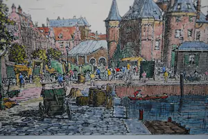 Maxime Lalanne - Amsterdam 1881, de Waag, handgekleurd. kopen? Bied vanaf 30!