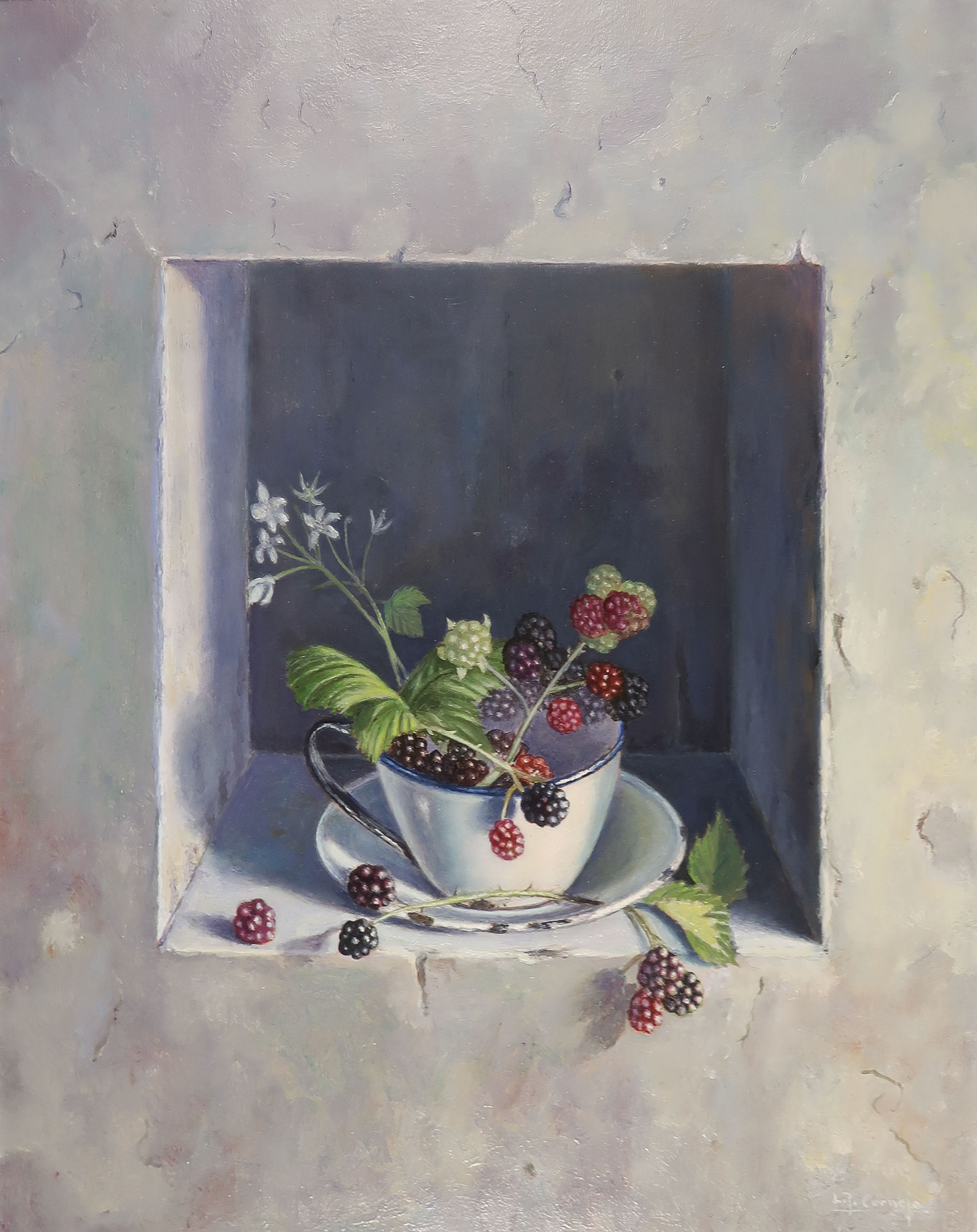 L. Javier Cornejo - Olieverf op hardboard, Tasje met bramen - Ingelijst kopen? Bied vanaf 150!