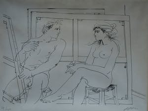 Niet of onleesbaar gesigneerd - Litho , “Naakte kunstenaar met naakt model“ – gesigneerd & ingelijst – nr 69/150 kopen? Bied vanaf 1!