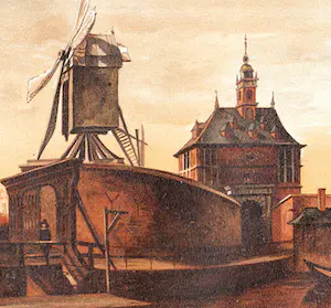 Aelbert Cuyp - Gezicht op de Oude Oostpoort te Rotterdam met molen op bolwerk . kopen? Bied vanaf 20!