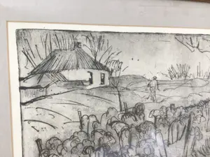 Jan Altink - Ets "Boer werkend in de tuin" - Perfect ingelijst - Atelierstempel - De Ploeg kopen? Bied vanaf 150!