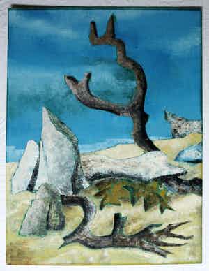 Piet Snel - Acrylverf en pastel , Surrealistisch landschap - 1965 verkocht voor € 40!