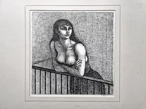 AcheterTheo  l' Herminez - Magisch realistische - 1971 - Sepia/Inkt tekening "vrouw op balkon" gesigneerd? Enchérissez de 182!
