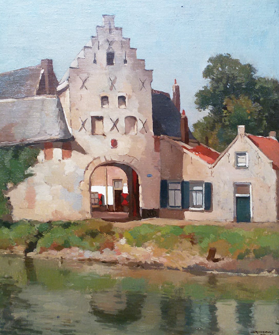 Hendrikus Roodenburg - Noordhavenpoort Zierikzee, olieverf marouflé op paneel (ingelijst) verkocht voor € 110!