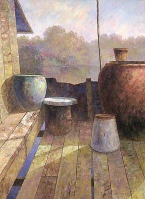 Niet of onleesbaar gesigneerd - Acryl op doek, Stilleven zicht op water - Ingelijst kopen? Bied vanaf 1!