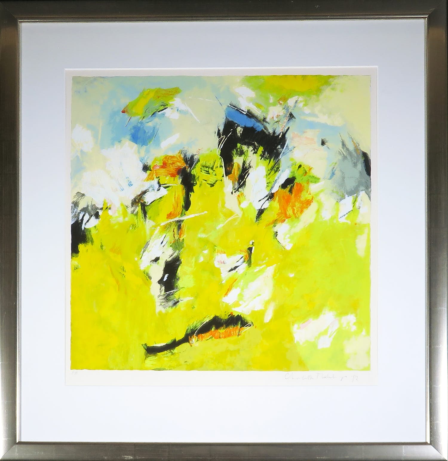 Charlotte Molenkamp - Zeefdruk, Abstracte compositie in geel - Ingelijst verkocht voor € 100!