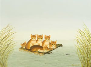 Mieke Hoogendorp - Olieverf op doek, Poesjes loerend naar een visje - Ingelijst kopen? Bied vanaf 100!