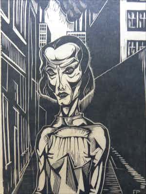 Jan Pzn. Franken - ACHTERBUURT / ZW-W HOUTSNEDE / 40x28cm / SIG / 1923 verkocht voor € 50!