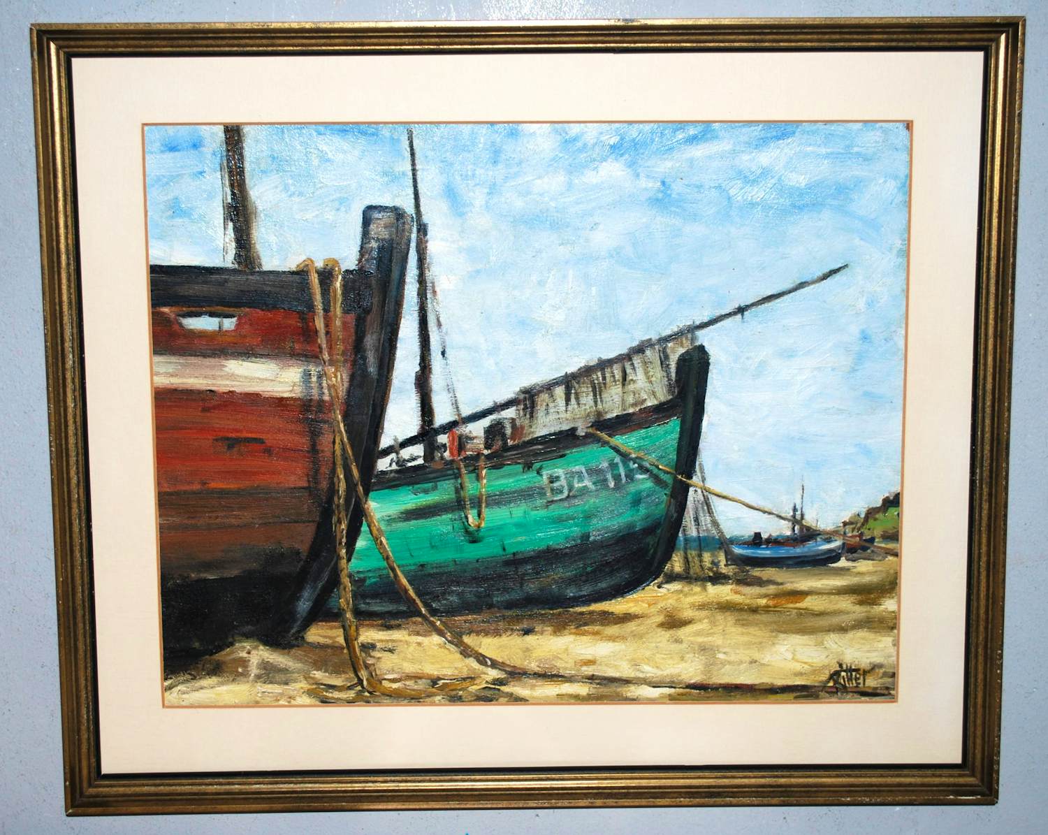 Theo Bitter - vissersbootjes op het strand - olieverfschilderij verkocht voor € 100!