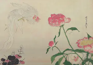 Katsushika Taito (II) - Houtdruk, Haan, hen en pioenrozen kaufen? Bieten Sie von 1!