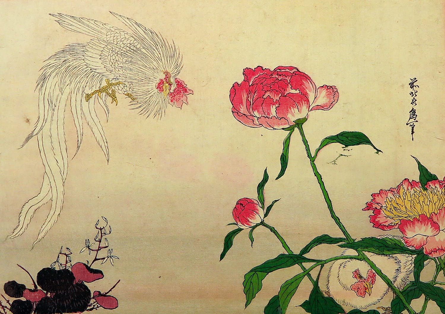 Katsushika Taito (II) - Houtdruk, Haan, hen en pioenrozen verkocht voor € 1!