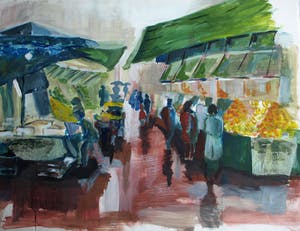 Niet of onleesbaar gesigneerd - Acrylverf en collage , De markt op een regenachtige dag – ingelijst - Groot kopen? Bied vanaf 1!