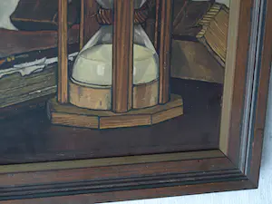 Jo Lodeizen - Olieverf op paneel, Stilleven met boeken en zandloper – 1931 kopen? Bied vanaf 1!