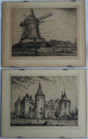 Jan Poortenaar - 2 x Ets , Molen en Kasteel – gesigneerd – ca 1930 kopen? Bied vanaf 35!
