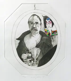 Nicolaas Wijnberg - Zelfportret met Japanse kabuki-figuur, handgekleurde ets (zeer kleine oplage) kopen? Bied vanaf 95!